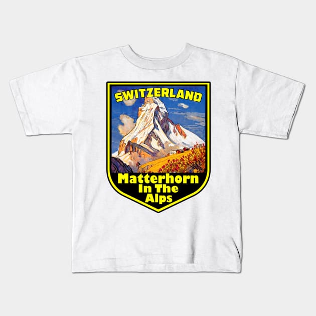 Matterhorn Switzerland Vintage Travel Kids T-Shirt by TravelTime